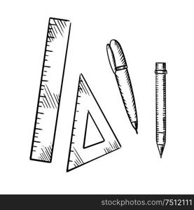 Pencil, ballpoint pen, triangle and ruler icons isolated on white background, sketch style. Pencil, pen, triangle and ruler sketch icons