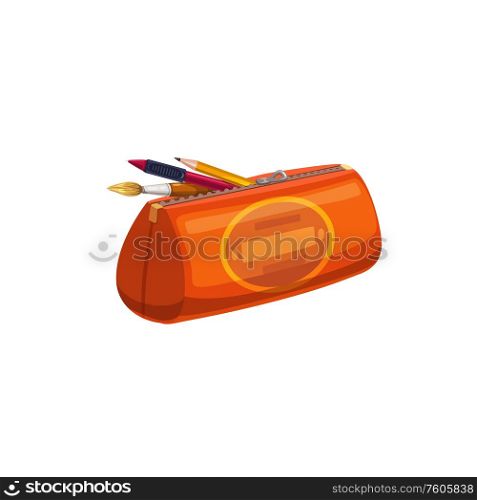 Pencil-case isolated container on zipper with pencil, pen and brush. Vector school stationary equipment. School stationery supplies in pencil case isolated
