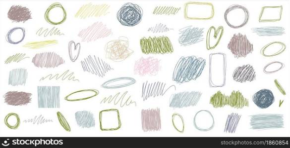 Pencil drawing. A set of elements for design strokes, frames, spots, stripes, lines, scribbles. Pastel colors. Empty space for text. Vector. Pencil drawing. A set of elements for design strokes, frames, spots, stripes, lines, scribbles. Pastel colors. Empty space for text.
