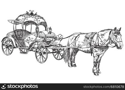 Pencil drawing beautiful carriage with horse vector illustratoin
