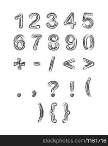 Pencil drawing of numbers and signs in the style of Doodle. Isolated on white background for greeting cards, posters, stickers and thematic design. Isolated on a white background.