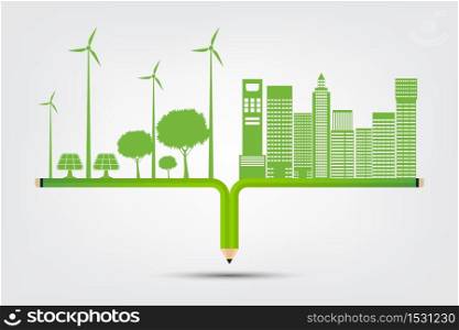 Pencil Ecology and Environmental Concept,Town With Eco-Friendly Ideas,Vector Illustration