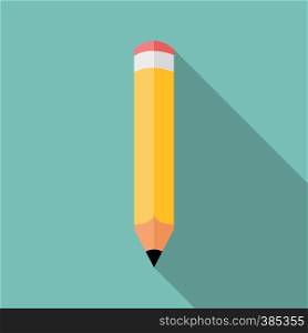 Pencil icon, colored flat image with long shadow on green background. Pencil icon, colored flat