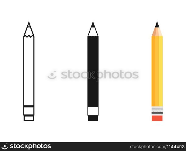 Pencil in different designs. Pencil with Rubber eraser, isolated on White background. Pencil with rubber eraser in modern simple flat design. Pencils vector icons. Vector illustration