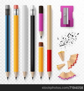 Pencil mockup. Realistic colored wooden graphite pencils with shavings and sharpener, school office stationery, creative design vector bright set. Pencil mockup. Realistic colored wooden graphite pencils with shavings and sharpener, school office stationery, creative design vector set