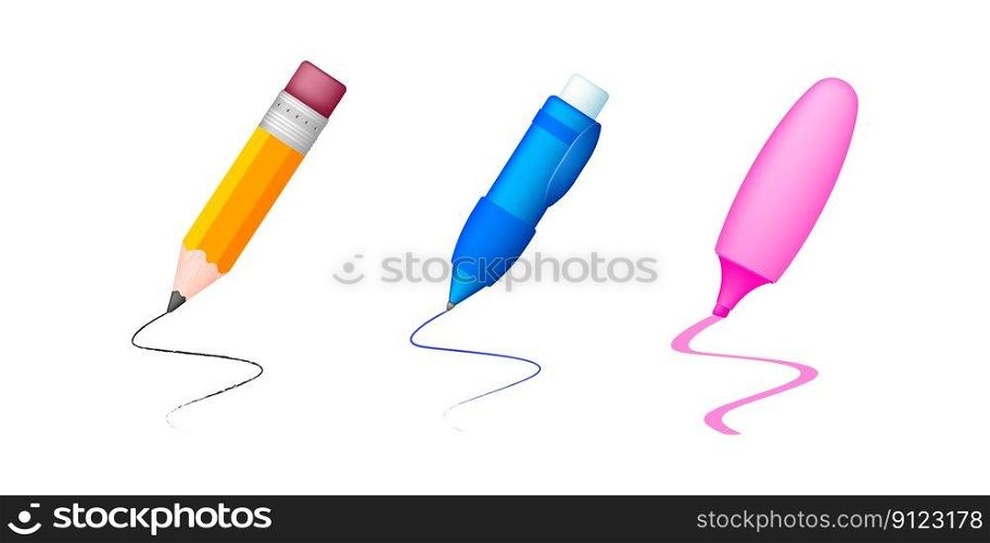 Pencil, pen and highlighter, office or learning stationery in 3d style. Writing equipment, write tool supplies.