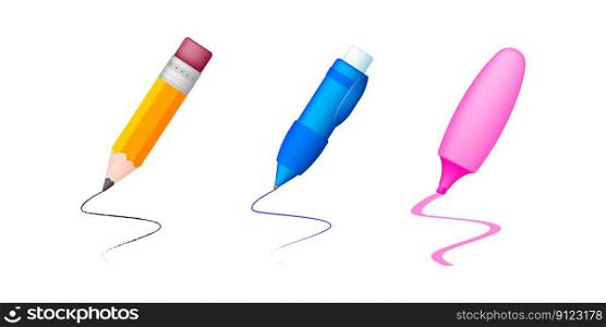 Pencil, pen and highlighter, office or learning stationery in 3d style. Writing equipment, write tool supplies.
