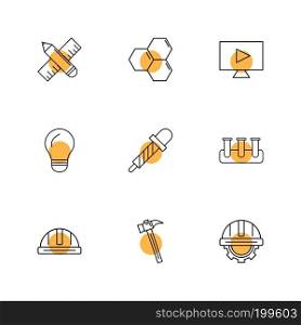 Pencil , scale , bulb, halmet , dropper , shells , hammer , television , chemistry , beaker , halmet setting , 
logo, design, vector, sign, label, symbol, icon,illustration, graphic, style, 