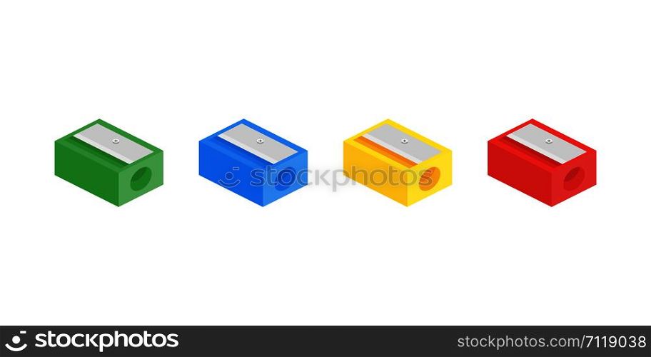 Pencil sharpener colored isolated vector on white background. Plastic school instrument. Trendy isometric design. EPS 10. Pencil sharpener colored isolated vector on white background. Plastic school instrument. Trendy isometric design.