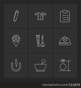 pencil , shirt ,clipboard,  navigation , hardware , labour , bowl , testtube , chemistry , icon, icons, set, line, vector, business, sign, symbol, outline,