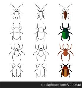 Pencil sketch, line and flat beetles, cockroach and spider. Vector illustration. Line and flat beetles, cockroach and spider