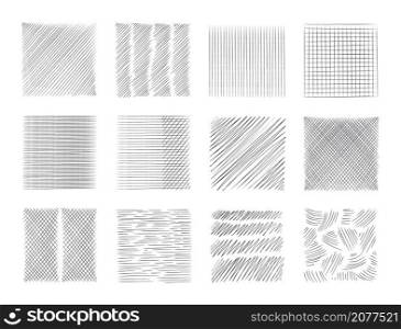 Pencil sketch line. Pen scribble effects. Doodle freehand sketchy clipart. Messy hand drawn monochrome pattern. Square shapes with outline grunge ornaments. Vector black rough hatching textures set. Pencil sketch line. Pen scribble effects. Doodle freehand sketchy clipart. Messy hand drawn monochrome pattern. Square shapes with outline ornaments. Vector black hatching textures set