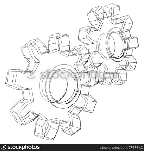 Pencil sketch stylized 3D cogwheels isolated on white background.