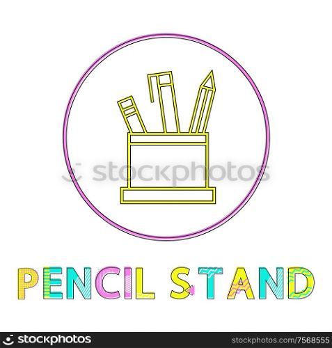 Pencil stand icon in circle made of cup container and pens. Tools for writing and drawing with ink. Office and school supplies isolated on vector. Pencil Stand Icon in Circle Vector Illustration