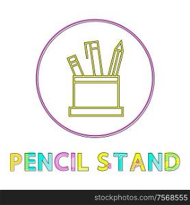 Pencil stand icon in circle made of cup container and pens. Tools for writing and drawing with ink. Office and school supplies isolated on vector. Pencil Stand Icon in Circle Vector Illustration