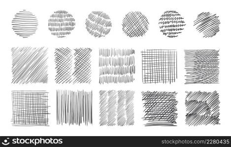 Pencil stroke pattern. Pen doodle scrawl. Hand drawn sketch grunge texture with freehand pen lines. Cross or parallel hatch. Black and white backgrounds. Vector square and round hatching shapes set. Pencil stroke pattern. Pen doodle scrawl. Hand drawn sketch texture with pen lines. Cross or parallel hatch. Black and white backgrounds. Vector square and round hatching shapes set