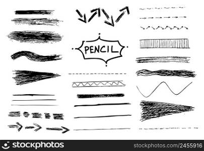 Pencil stroke set. Vector illustration. Sketch design. Black pencil texture.
