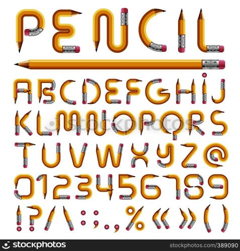 Pencil texture cartoon alphabet with numbers isolated on white background. English font pencil texture set collection vector illustration. Pencil alphabet with numbers vector illustration