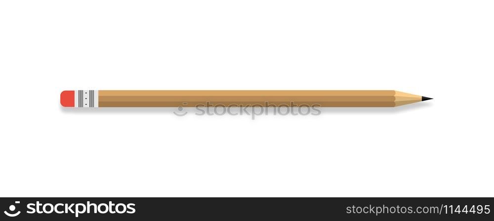 Pencil vector icon. Pencil with Red Rubber, isolated on White background. Wooden Pencil with rubber eraser in modern simple flat design. Panorama view. Vector illustration