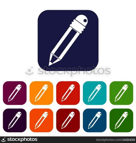 Pencil with eraser icons set vector illustration in flat style In colors red, blue, green and other. Pencil with eraser icons set flat