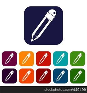 Pencil with eraser icons set vector illustration in flat style In colors red, blue, green and other. Pencil with eraser icons set flat