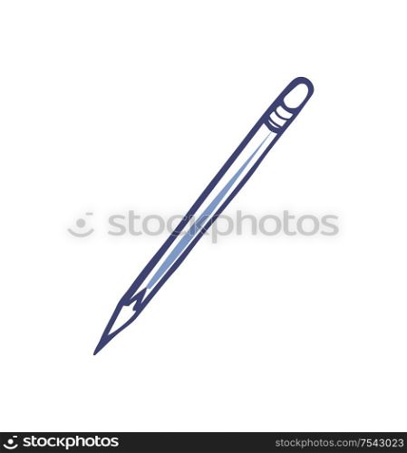 Pencil with eraser on top isolated icon vector. Monochrome sketch outline line of writing device. Sharp pointer of office supply to record info down. Pencil with Eraser on Top Isolated Icon Vector