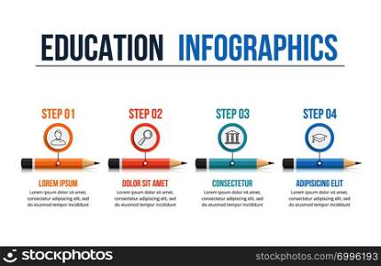 Pencil with icons and text, education infographics, workflow, process design, vector eps10 illustration. Education Infographics