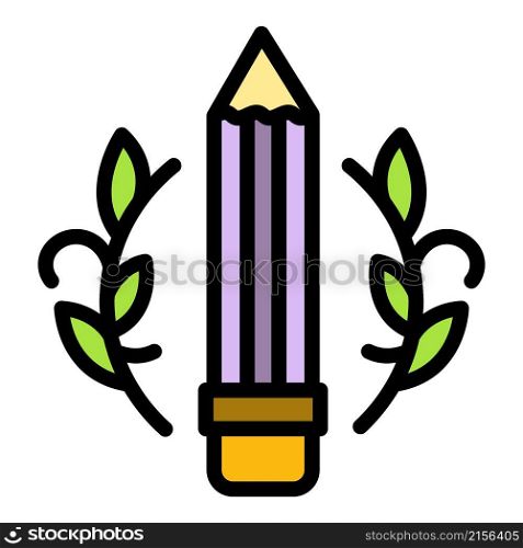 Pencil with laurel icon. Outline pencil with laurel vector icon color flat isolated. Pencil with laurel icon color outline vector