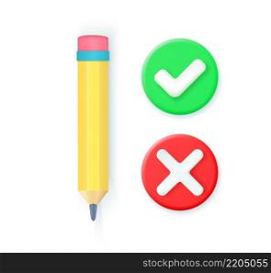 pencil with tick and cross icon. Green tick check mark and cross mark symbols icon element, 3D rendering. Vector illustration. pencil with tick and cross icon.