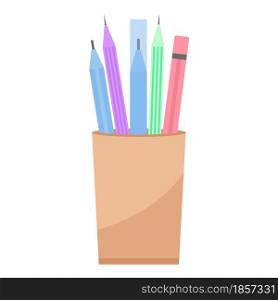Pencils and pens in a glass vector illustration. Stationery icon flat style. Desktop organizer for student or office worker.. Pencils and pens in a glass vector illustration.