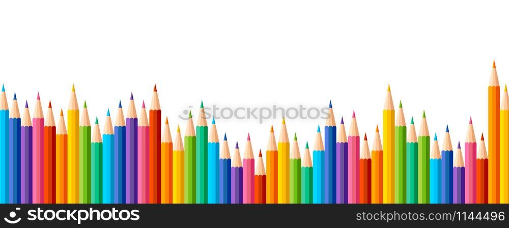 Pencils Colored in a row with wave on lower side. Panorama view. Banner or Poster with colored Crayons. Pencils in seamless design. Pencils isolated on white background. Vector illustration
