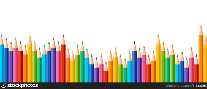 Pencils Colored in a row with wave on lower side. Panorama view. Banner or Poster with colored Crayons. Pencils in seamless design. Pencils isolated on white background. Vector illustration