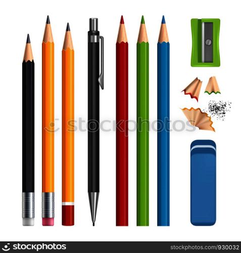 Pencils set. Stationery tools sharpen, colored wood pencils with rubber vector realistic illustrations isolated. Pencil stationery, eraser rubber and sharpener. Pencils set. Stationery tools sharpen, colored wood pencils with rubber vector realistic illustrations isolated