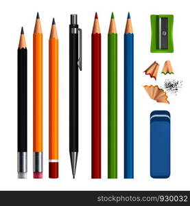 Pencils set. Stationery tools sharpen, colored wood pencils with rubber vector realistic illustrations isolated. Pencil stationery, eraser rubber and sharpener. Pencils set. Stationery tools sharpen, colored wood pencils with rubber vector realistic illustrations isolated