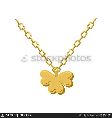Pendant of Golden clover. Gold chain and pendant symbol of St. Patricks day. Logo for lucky winner. Decoration for national holiday in Ireland&#xA;