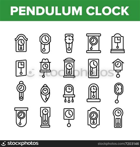 Pendulum Clock Device Collection Icons Set Vector. Vintage And Modern Pendulum Watch With Circle And Square Dial, Timer Equipment Concept Linear Pictograms. Monochrome Contour Illustrations. Pendulum Clock Device Collection Icons Set Vector
