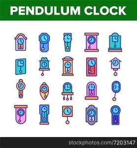 Pendulum Clock Device Collection Icons Set Vector. Vintage And Modern Pendulum Watch With Circle And Square Dial, Timer Equipment Concept Linear Pictograms. Color Illustrations. Pendulum Clock Device Collection Icons Set Vector