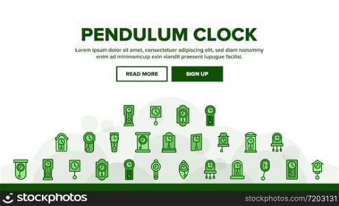 Pendulum Clock Device Landing Web Page Header Banner Template Vector. Vintage And Modern Pendulum Watch With Circle And Square Dial, Timer Illustrations. Pendulum Clock Device Landing Header Vector