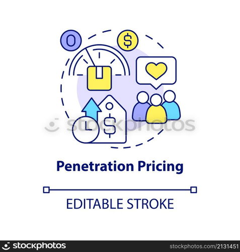 Penetration pricing concept icon. Marketing strategy abstract idea thin line illustration. Predatory pricing. Isolated outline drawing. Editable stroke. Roboto-Medium, Myriad Pro-Bold fonts used. Penetration pricing concept icon
