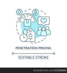 Penetration pricing turquoise concept icon. Low price for new product abstract idea thin line illustration. Isolated outline drawing. Editable stroke. Roboto-Medium, Myriad Pro-Bold fonts used. Penetration pricing turquoise concept icon