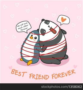 Penguin and panda are friend each other.