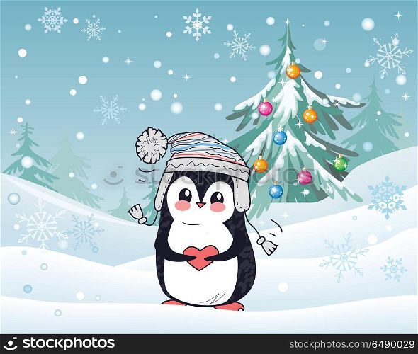 Penguin Animal in Hat and Heart. Winter Landscape. Penguin animal in hat and heart with winter landscape on the background. Funny polar winter bird banner poster greeting card. Cartoon character wild penguin in flat style design. Vector illustration