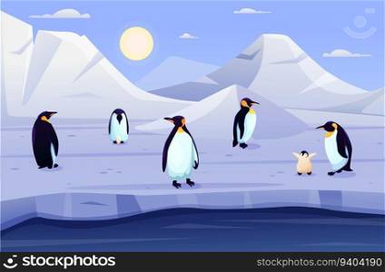 Penguin animals, antarctic cold landscape. Family in ice winter, cube of snow. polar Antarctic characters, wildlife nature, white arctic baby and parents. Vector design cartoon isolated illustration. Penguin animals, antarctic cold landscape. Family in ice winter, cube of snow. polar Antarctic characters, wildlife nature, white arctic baby and parents. Vector design cartoon illustration