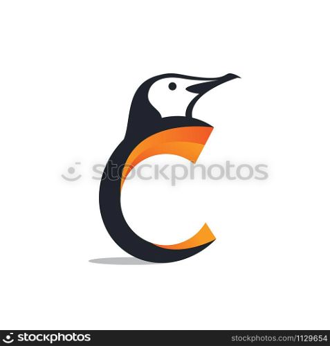Penguin C Letter with cute shape icon logo design, Simple color template design.