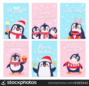 Penguin cards. Merry christmas greetings card with arctic animals in winter clothing and hats, cute penguins design holiday vector set. Characters in sweater, earmuffs and scarfs hold ice cream, cocoa. Penguin cards. Merry christmas greetings card with arctic animals in winter clothing and hats, cute penguins design holiday vector set