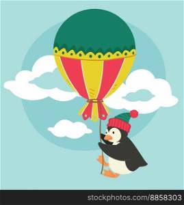 Penguin character wearing warm knitted hat holding vintage balloon on thread. Winter season and holidays, xmas and new year celebrations. Greeting card or print congrats. Vector in flat style. Vintage or retro balloon with thread, penguin