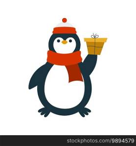 Penguin character with gift isolated on white background. Can be used for Christmas card, sticker, poster, etc.