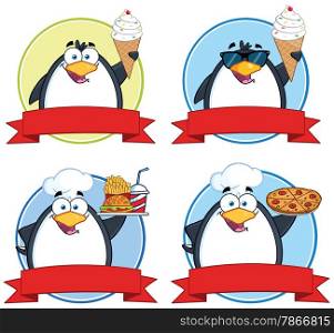 Penguin Circle Food Banners. Collection Set