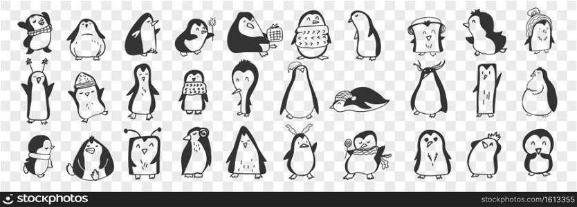 Penguin doodle set. Collection of funny hand drawn cute penguins animals in accessories doing everyday things enjoying life isolated on transparent background. Illustration for kids. Happy Penguin birds doodle set