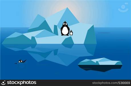 Penguin family on melting ice with on penguin drowning in ocean with worried nervous face illustration vector graphic - Global warming crisis Climate change problem concept